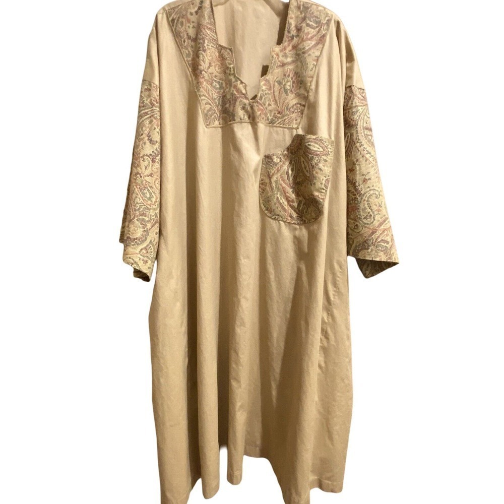 Hand Sewn Khaki Multi-Color MuuMuu Dress 4X - 6X Lightweight Pockets Side Slits